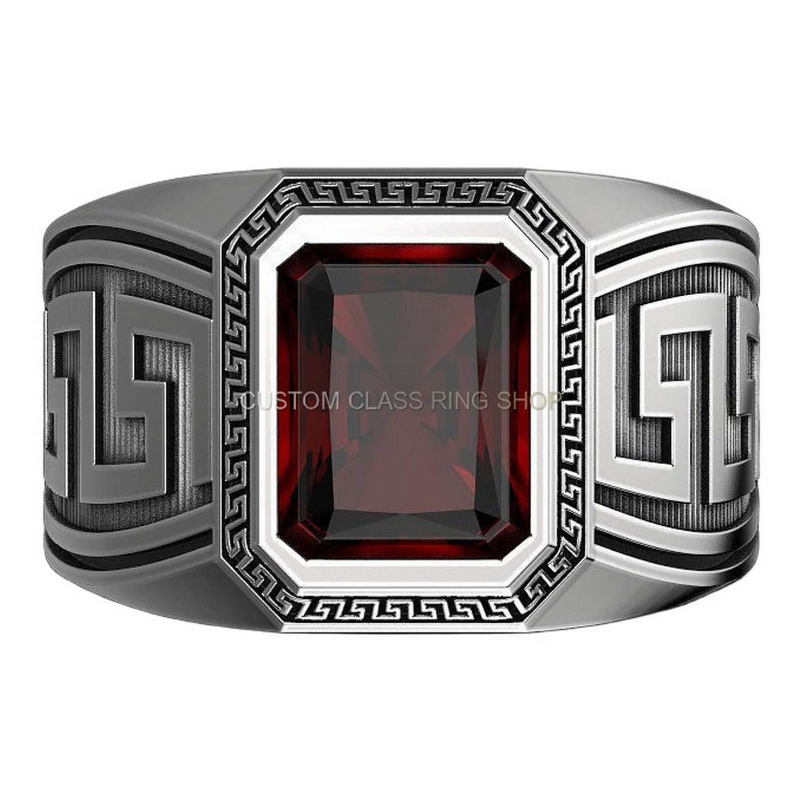 Sterling silver greek ornament statement ring with oxidized meander border