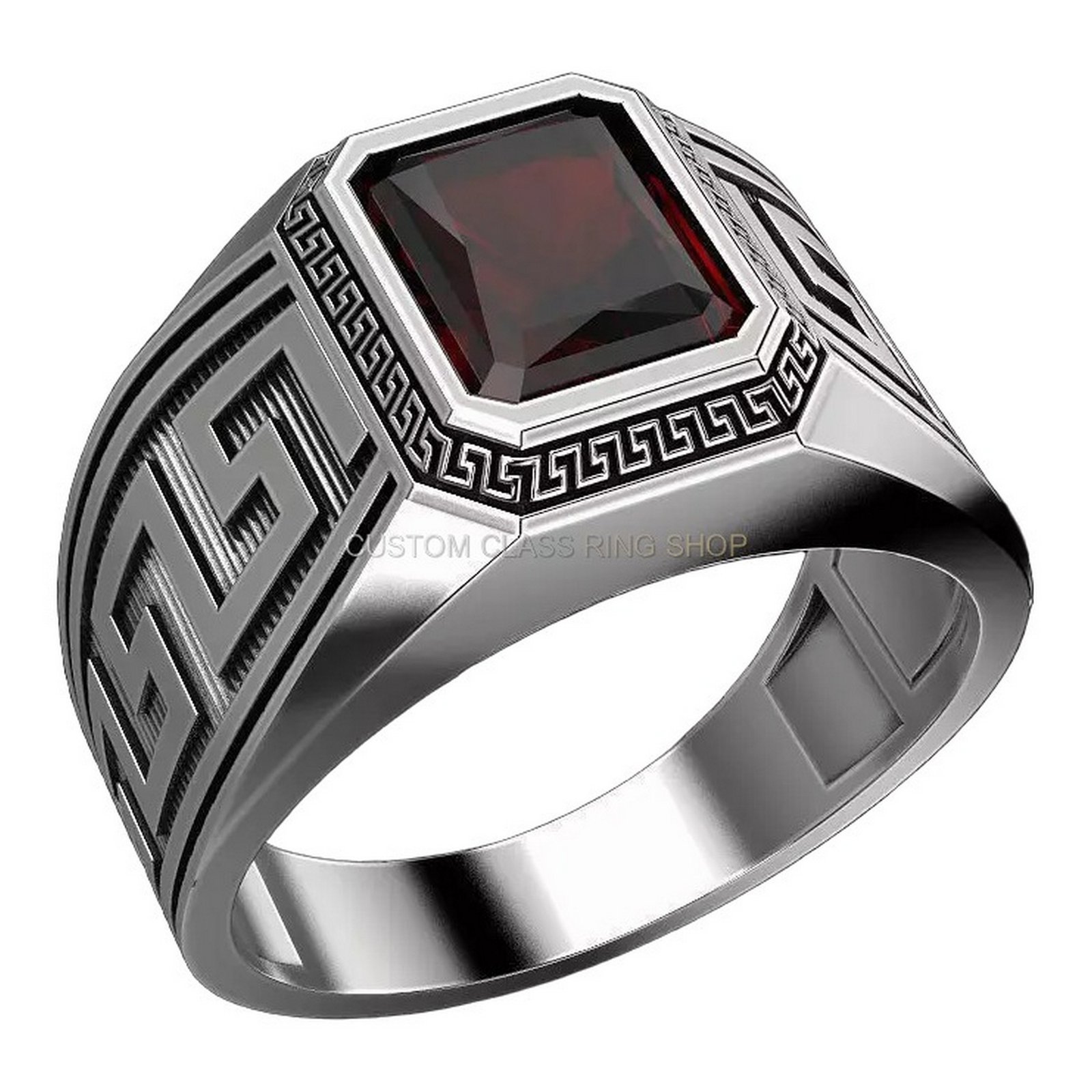 Sterling silver greek ornament statement ring, left side profile showing band detail