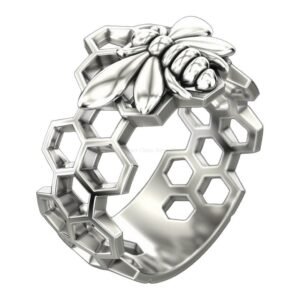 Sterling silver bee honeycomb ring with detailed bee and geometric honeycomb band