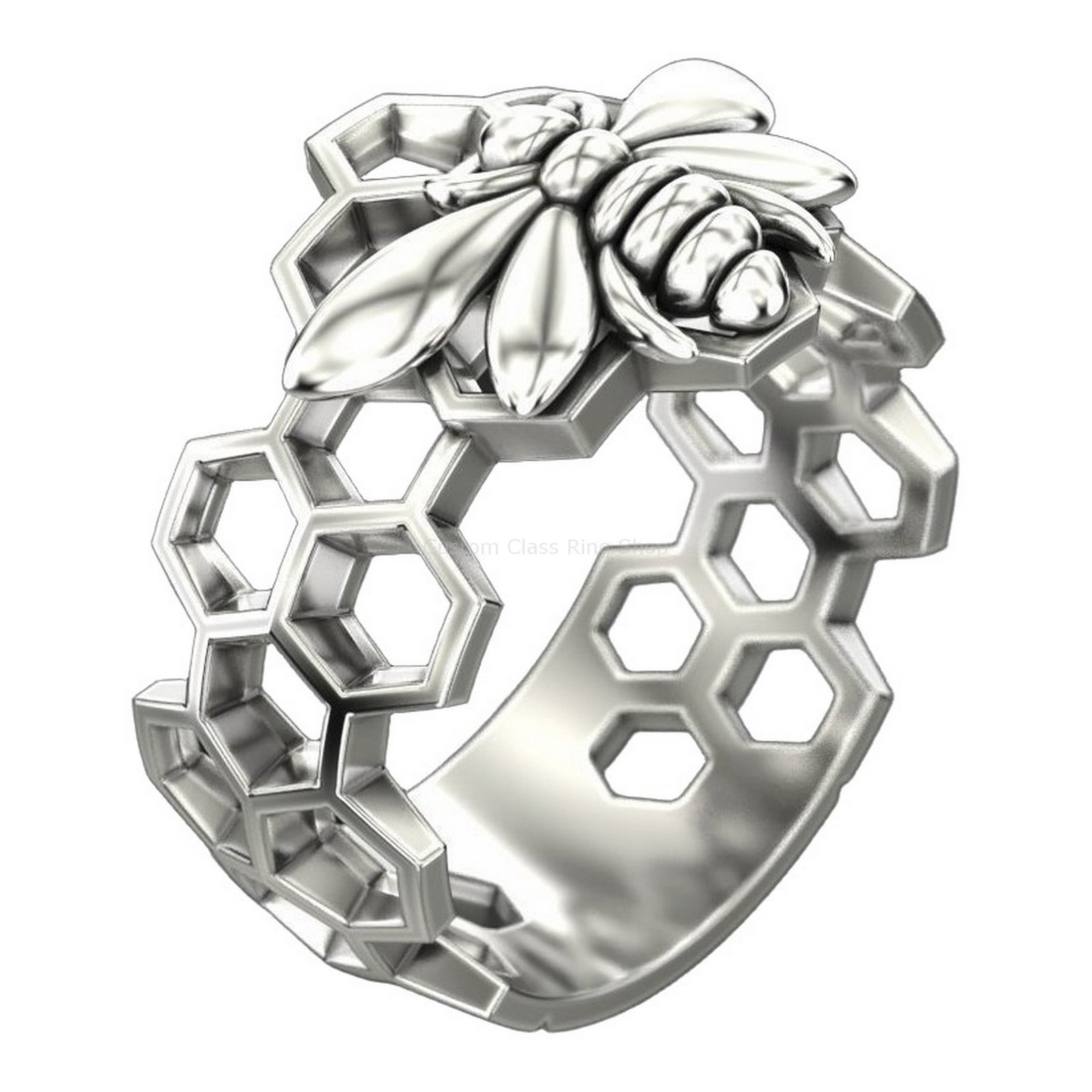 Sterling silver bee honeycomb ring with detailed bee and geometric honeycomb band