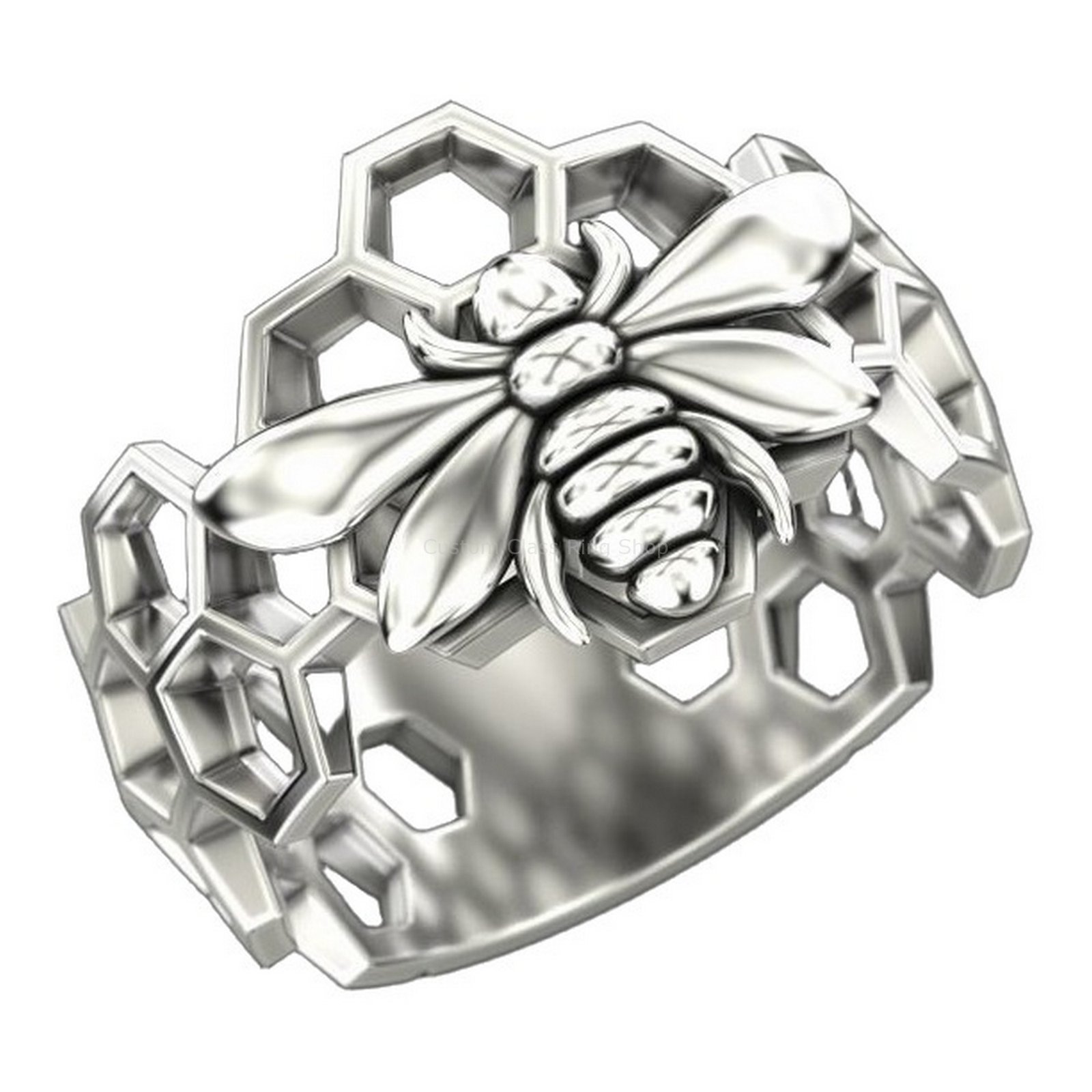 Sterling silver bee honeycomb ring, polished silver angled three-quarter profile