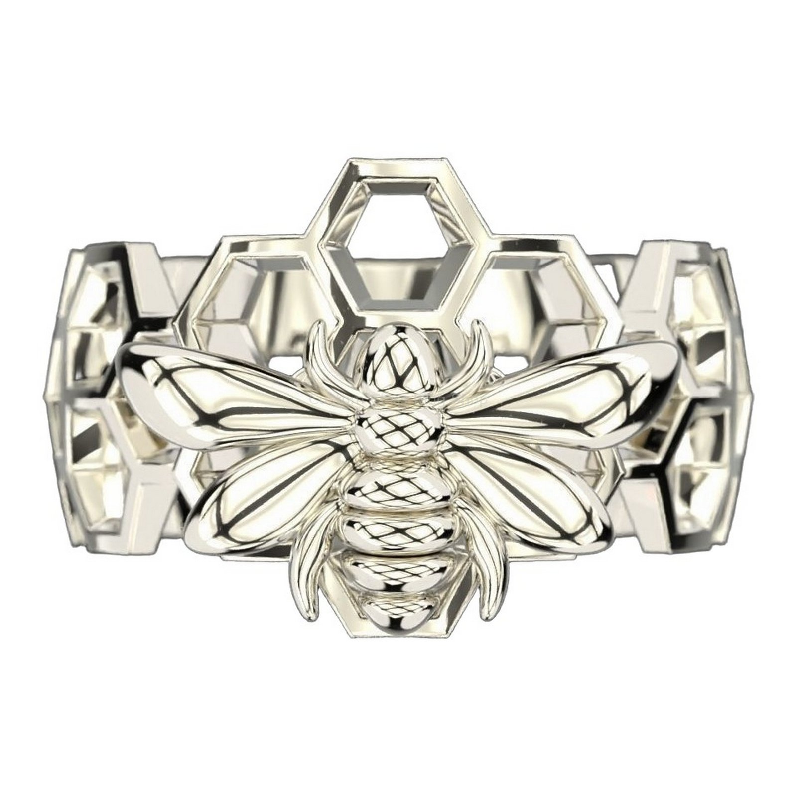 Sterling silver bee honeycomb ring, polished silver top-down detailed view