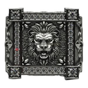 Mens oxidized sterling silver roaring lion ring with beaded frame