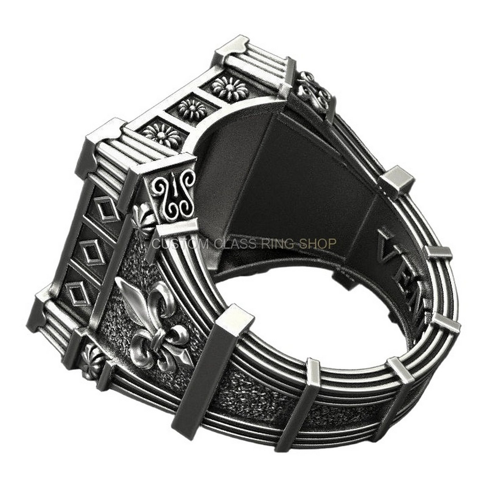 Mens oxidized sterling silver roaring lion ring, top overhead view