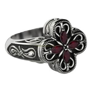 Sterling silver marquise floral ring with beaded cross