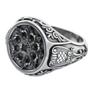 Sterling silver vintage ornamental ring with floral mandala and baroque scrollwork