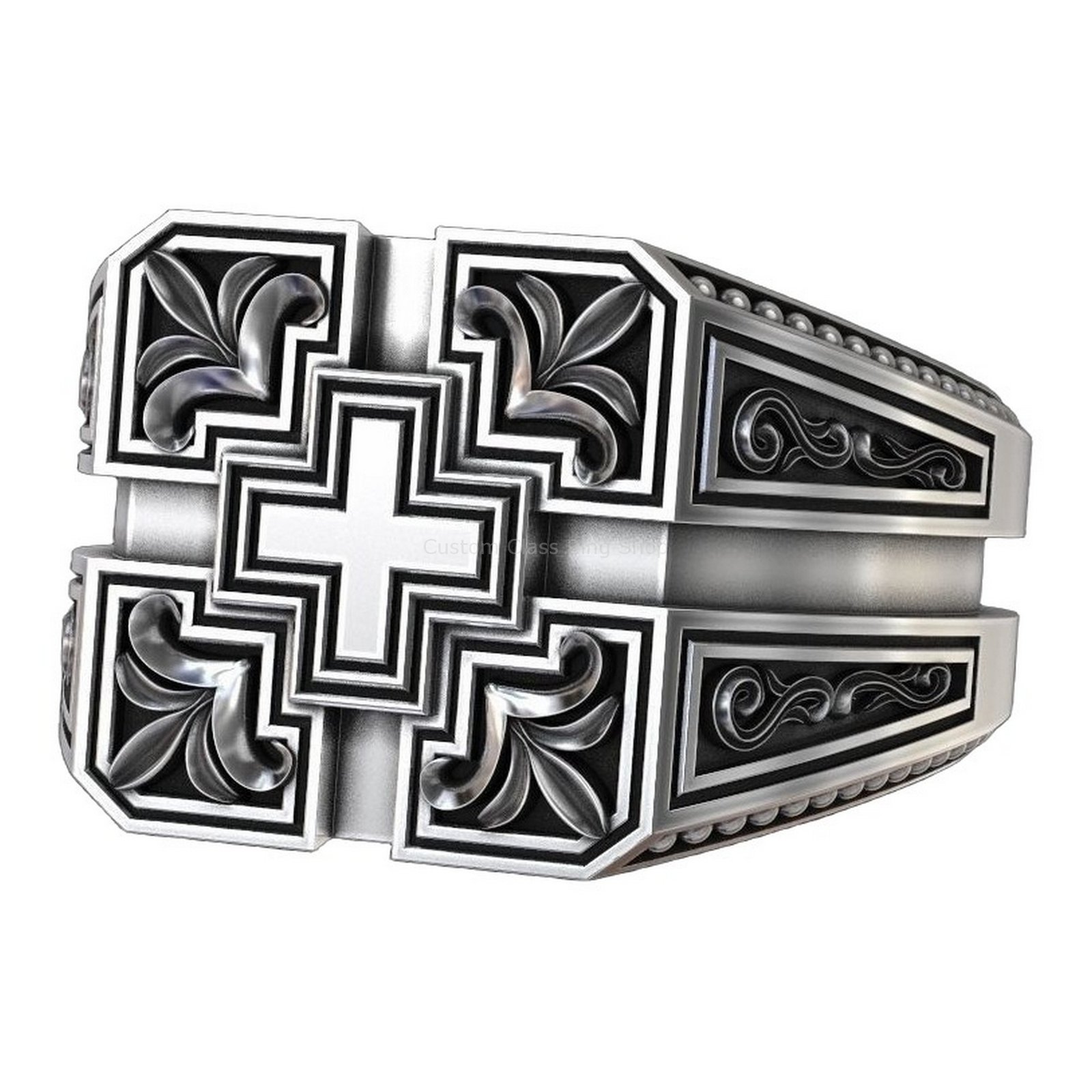 Sterling silver geometric cross statement ring, angled three-quarter view with beaded borders visible