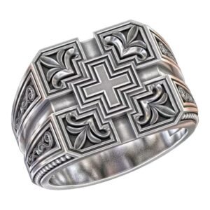 Sterling silver geometric cross statement ring with beaded borders and acanthus scrollwork, oxidized
