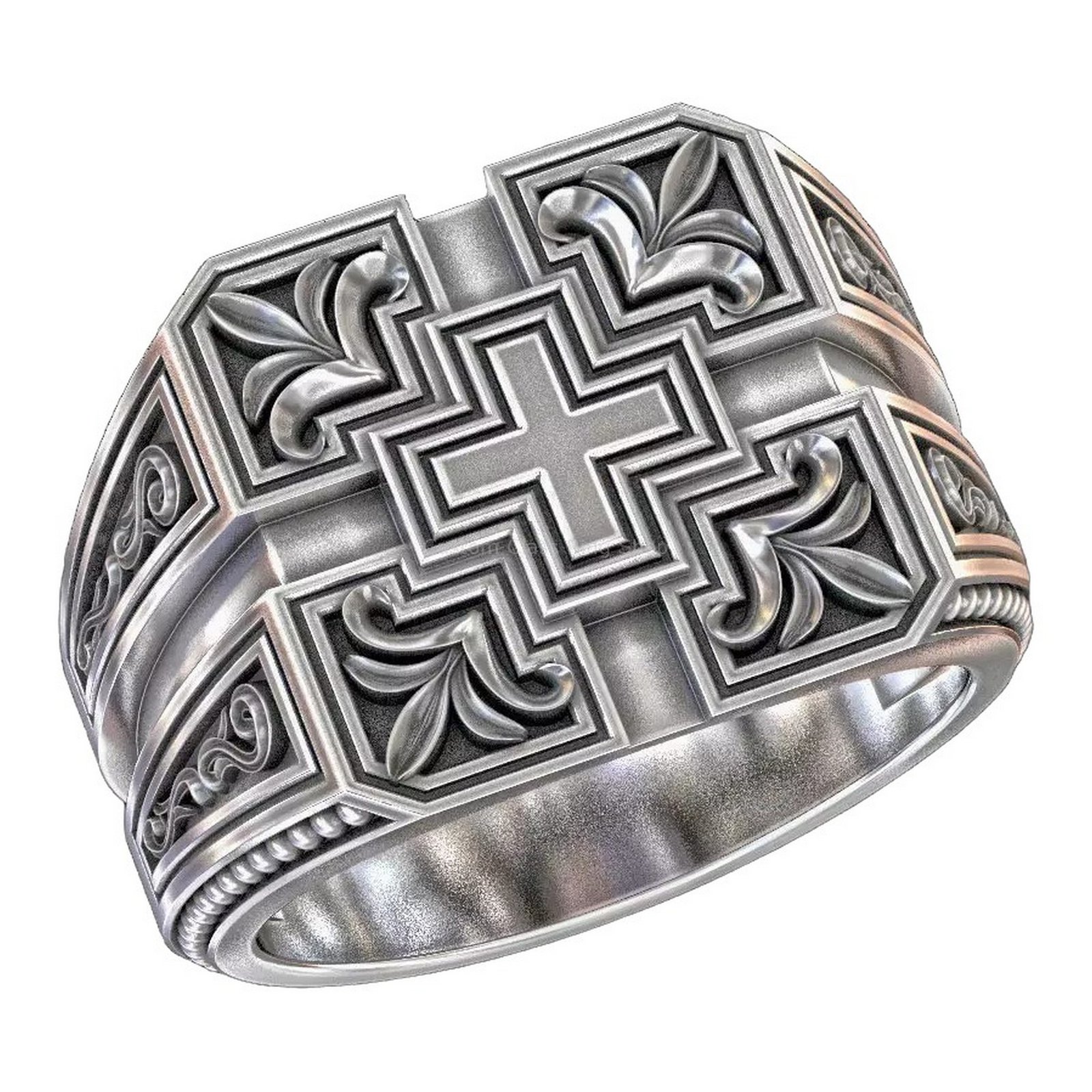 Sterling silver geometric cross statement ring with beaded borders and acanthus scrollwork, oxidized