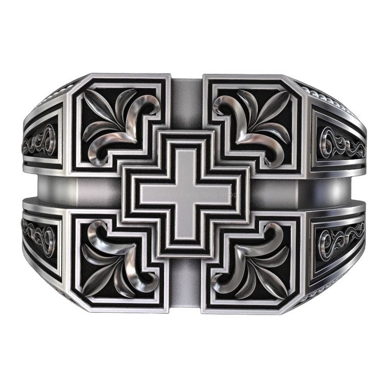 Sterling silver geometric cross statement ring, angled side view showing band and scrollwork