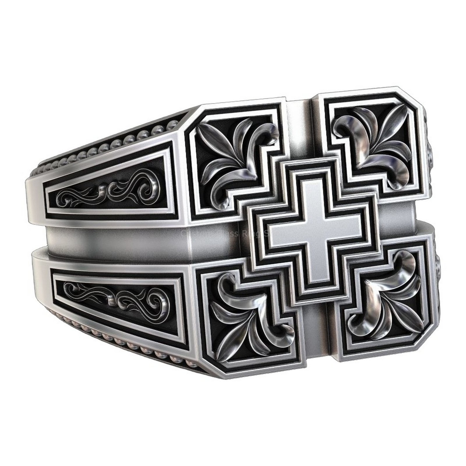 Sterling silver geometric cross statement ring, left profile angle showing shoulder details