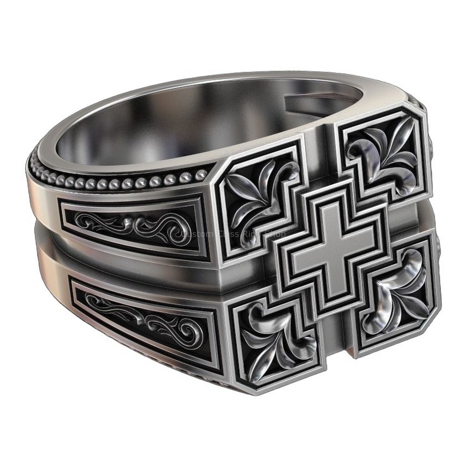 Sterling silver geometric cross statement ring with beaded borders and acanthus scrollwork, oxidized