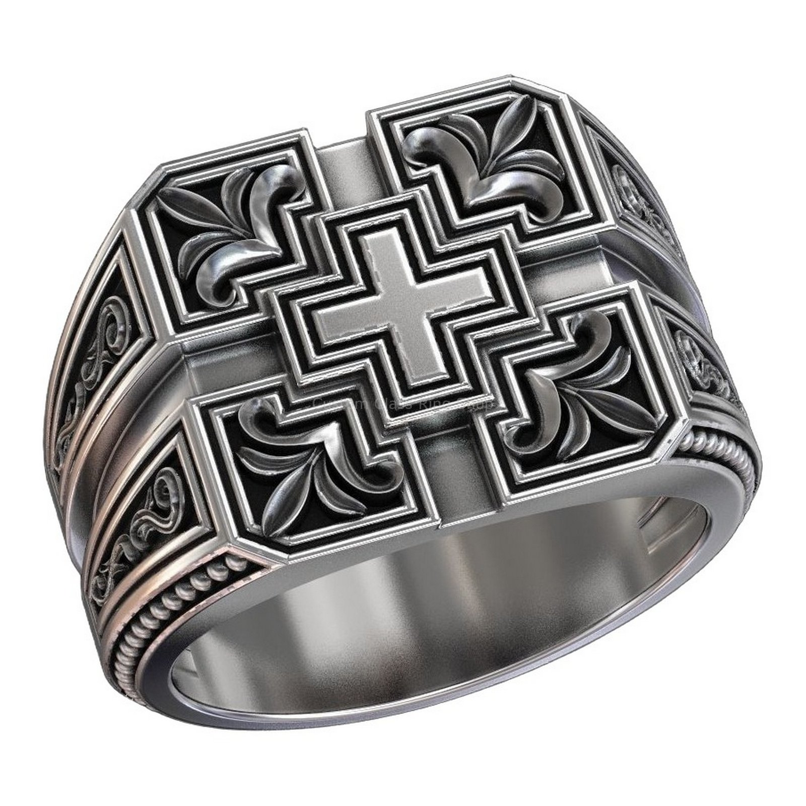 Sterling silver geometric cross statement ring with beaded borders and acanthus scrollwork, oxidized