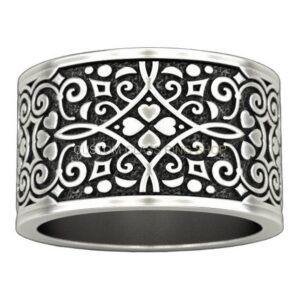 Sterling silver filigree heart statement ring with oxidized scroll pattern band