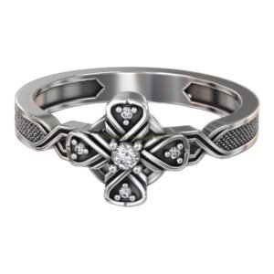 Sterling silver cross heart ring with oxidized oxidized band