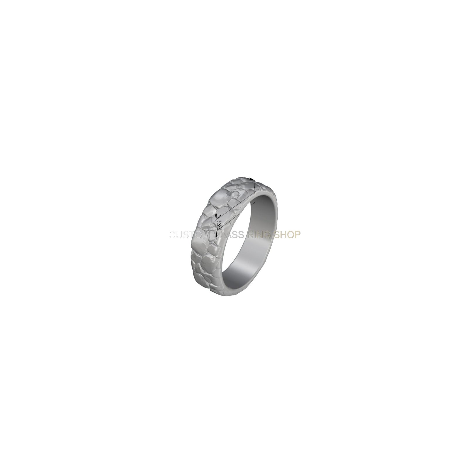 Sterling silver rocks textured wedding ring, angled three-quarter view