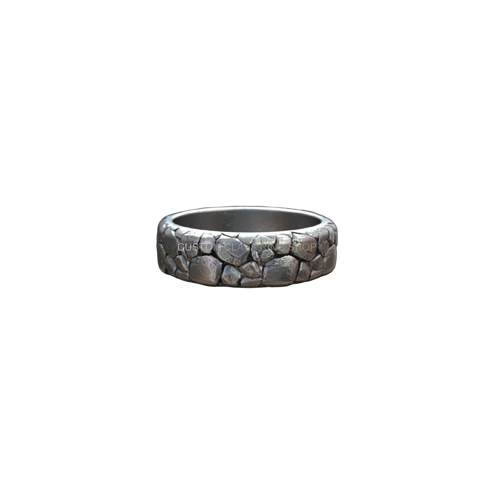 Sterling silver rocks textured wedding ring, top-down flat band view