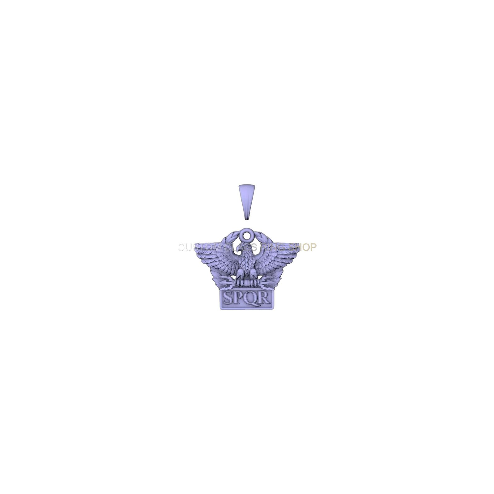 Sterling silver aquila eagle SPQR pendant, overhead angled perspective