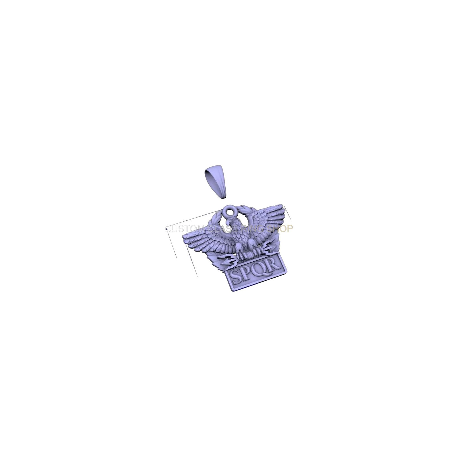 Sterling silver aquila eagle SPQR pendant, three-quarter side angle