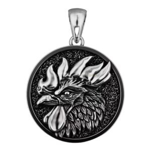 Unisex sterling silver rooster head pendant with oxidized finish