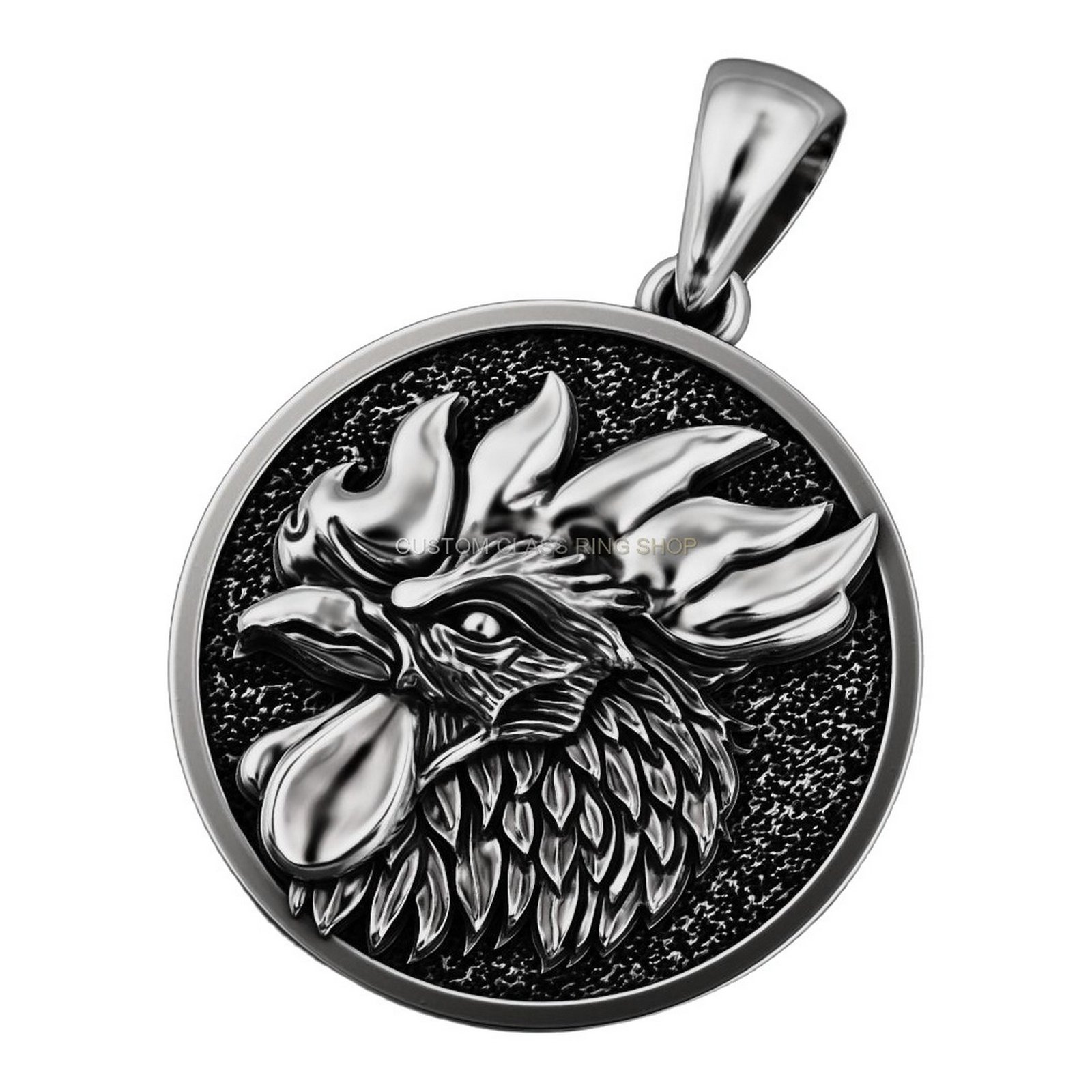 Unisex sterling silver rooster head pendant with oxidized finish