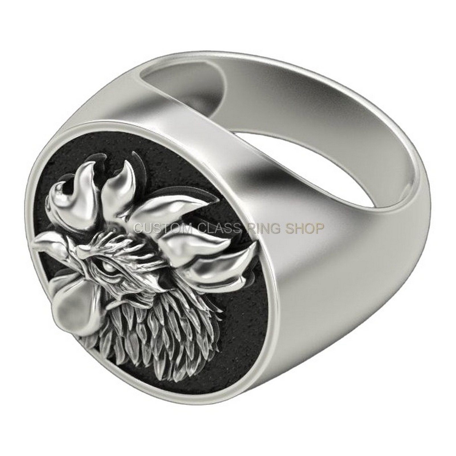 Mens sterling silver rooster signet ring with oxidized beaded frame
