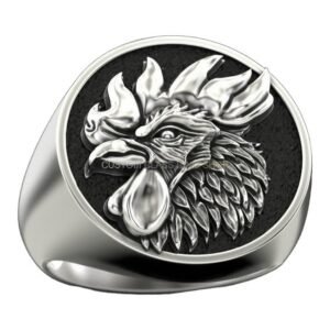Mens sterling silver rooster signet ring with oxidized beaded frame