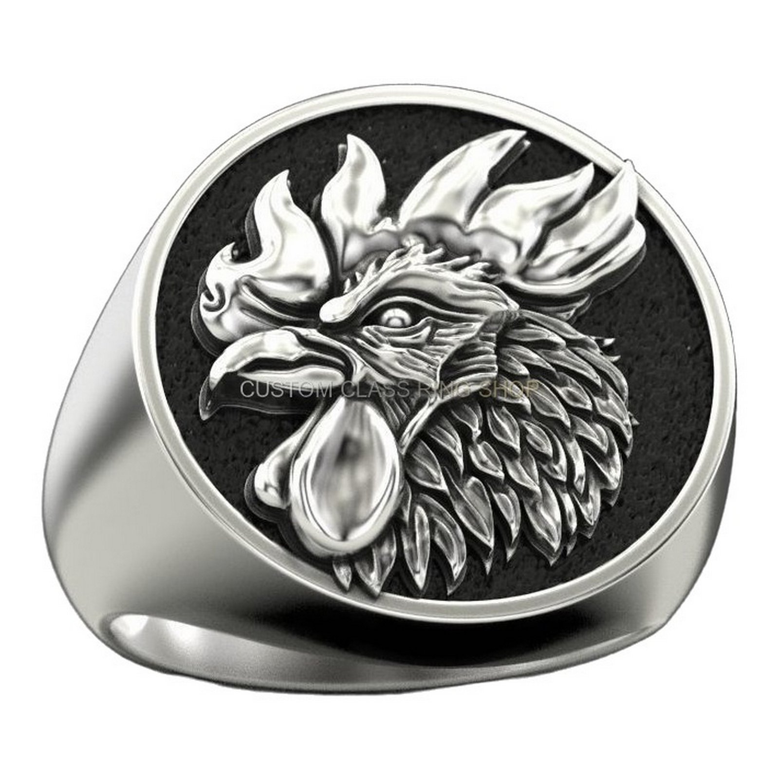 Mens sterling silver rooster signet ring with oxidized beaded frame