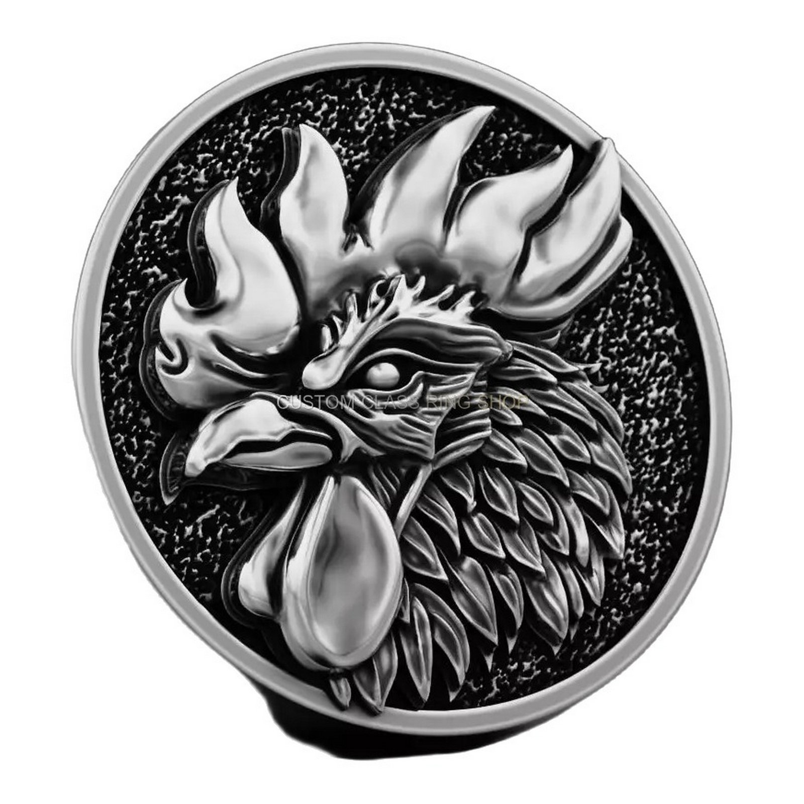 Mens sterling silver rooster signet ring with oxidized beaded frame