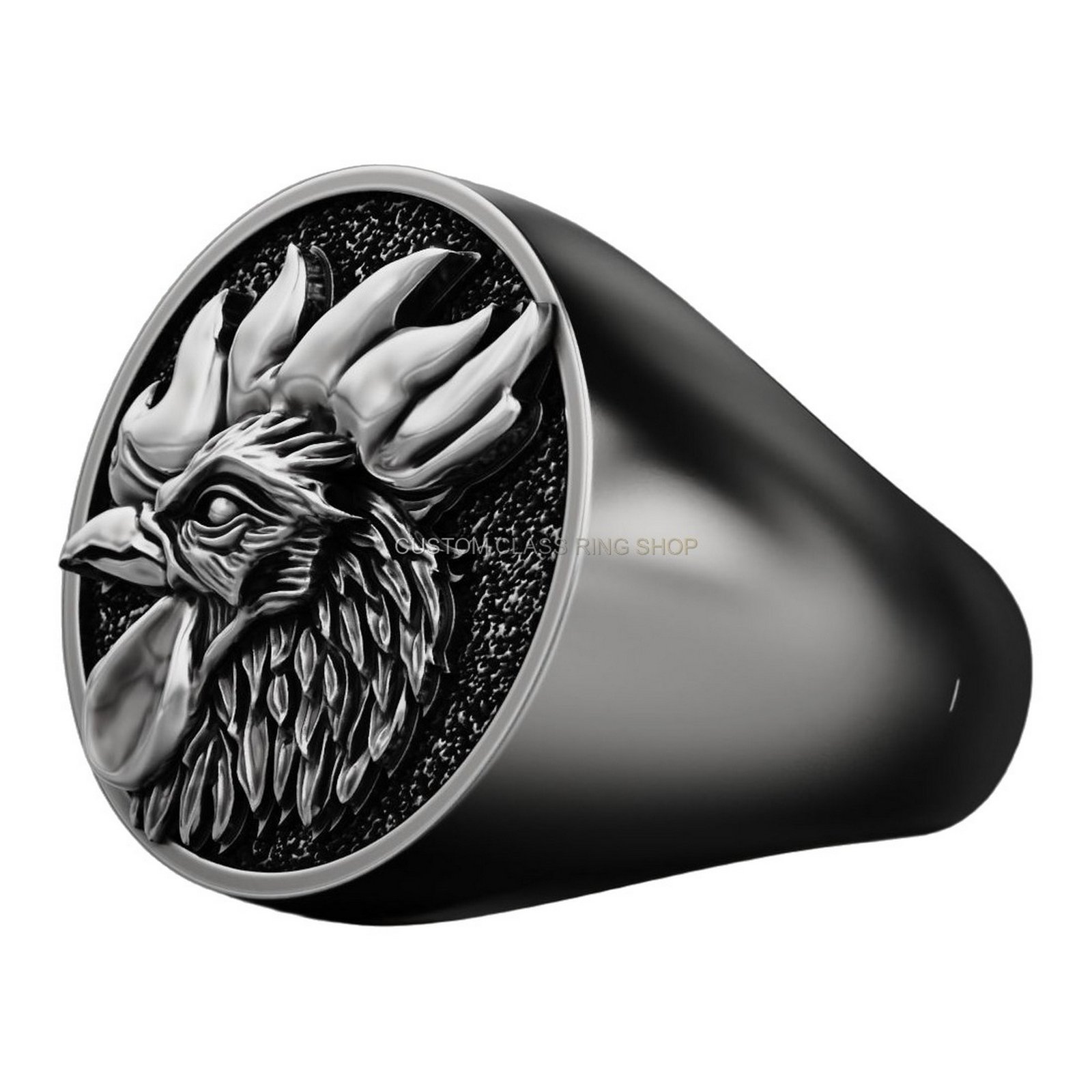 Mens sterling silver rooster signet ring with oxidized beaded frame