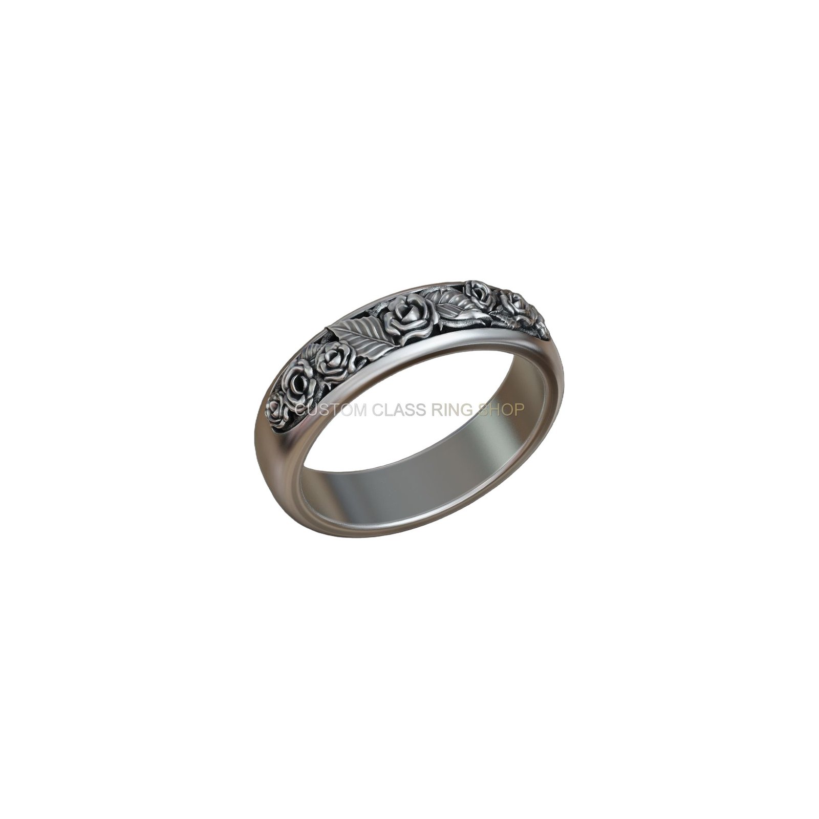 Sterling silver roses thorns band ring, front head-on view