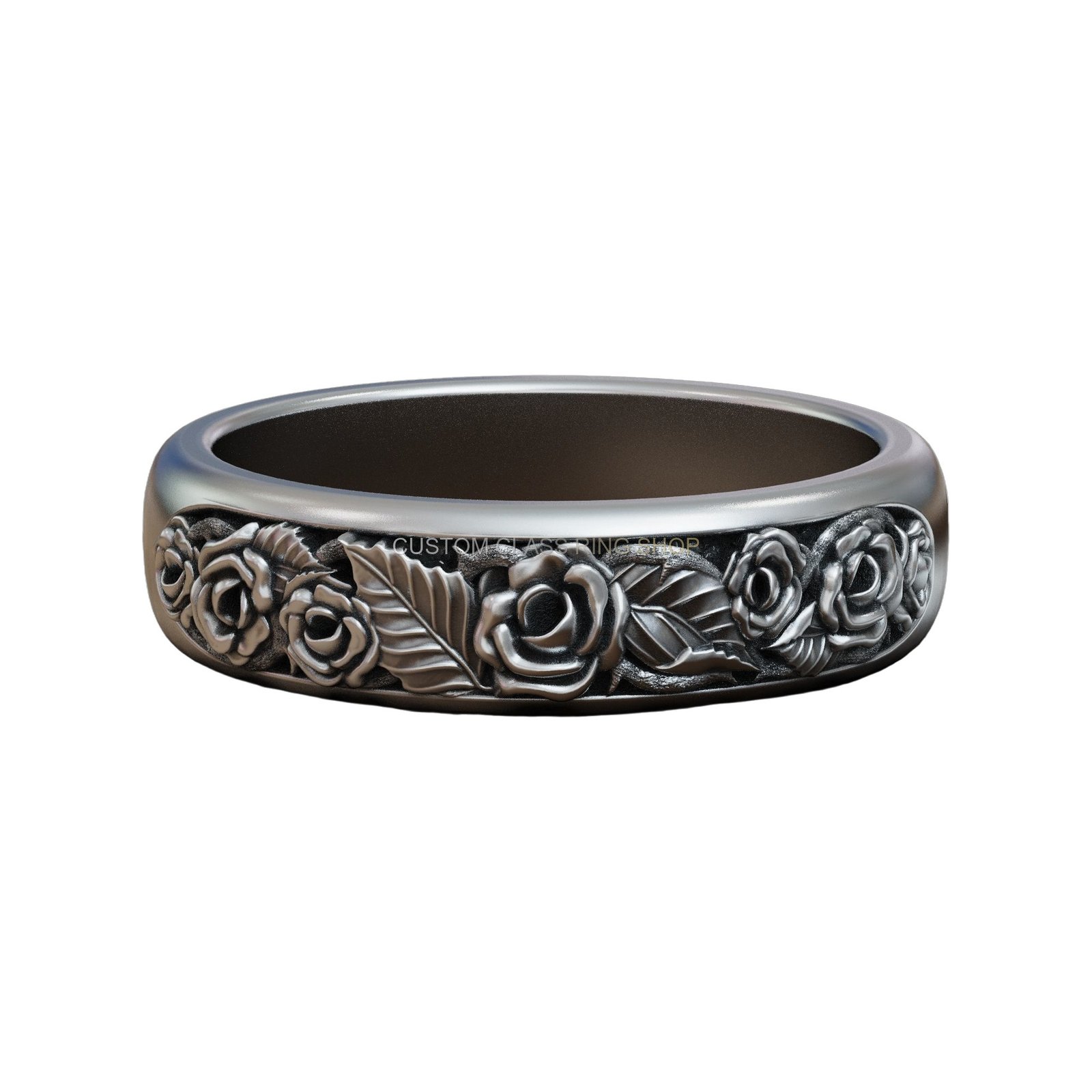 Oxidized sterling silver roses thorns band ring with engraved relief design