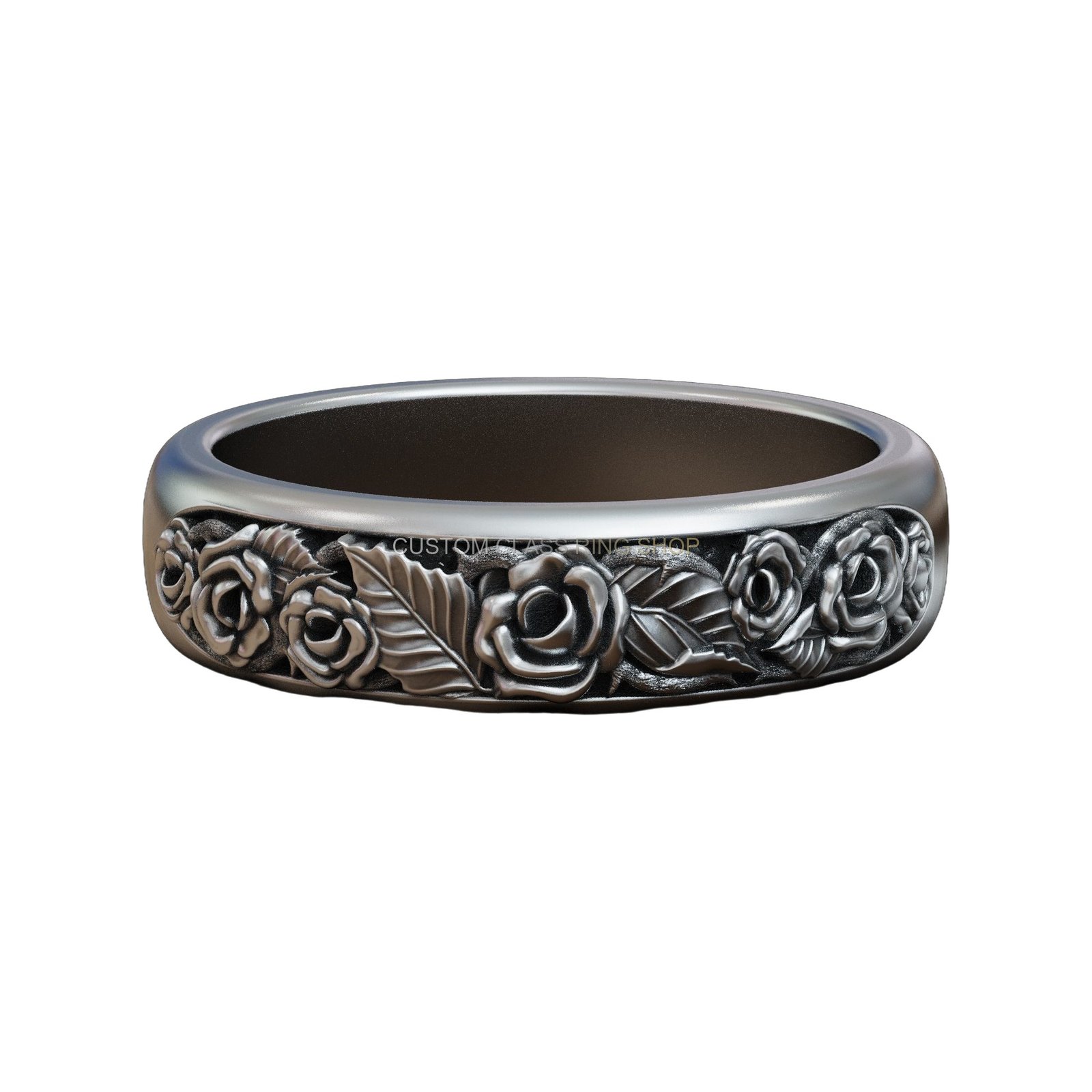 Oxidized sterling silver roses thorns band ring with engraved relief design