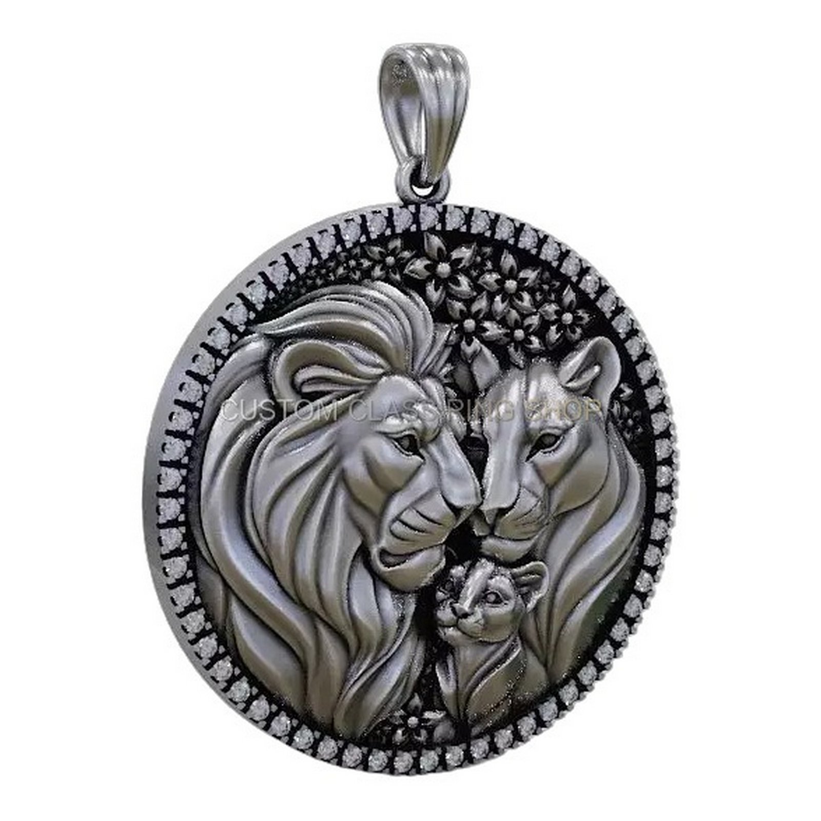 Sterling silver lion family medallion pendant, front head-on medallion view