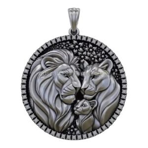 Sterling silver lion family medallion pendant with pave gemstone frame, oxidized antique finish