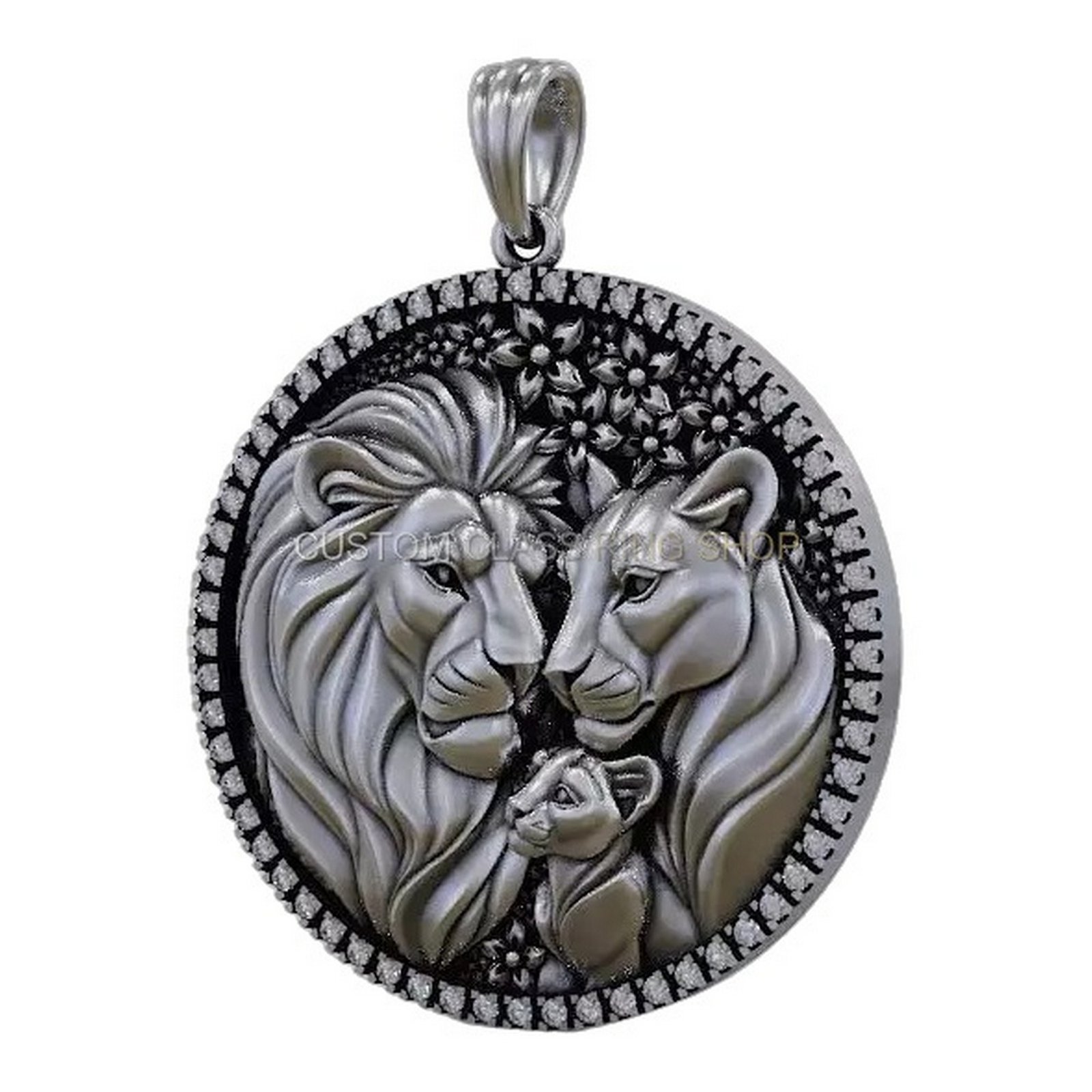 Sterling silver lion family medallion pendant, three-quarter angled perspective