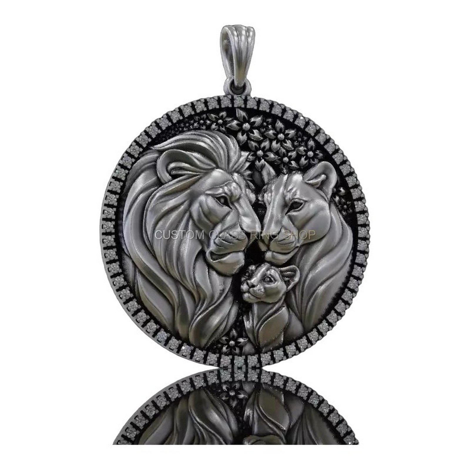 Sterling silver lion family medallion pendant, detailed lower pendant view
