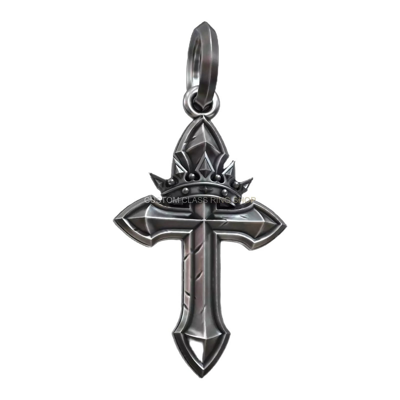 Sterling silver royal gothic crowned cross pendant, three-quarter angled perspective of crowned cross