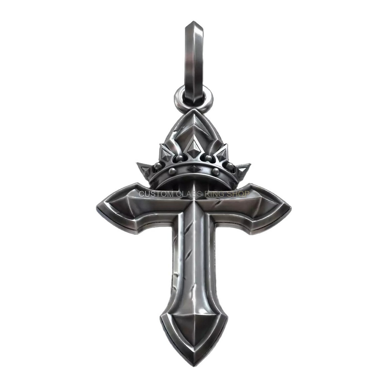 Sterling silver royal gothic crowned cross pendant, detailed side profile of cross and crown
