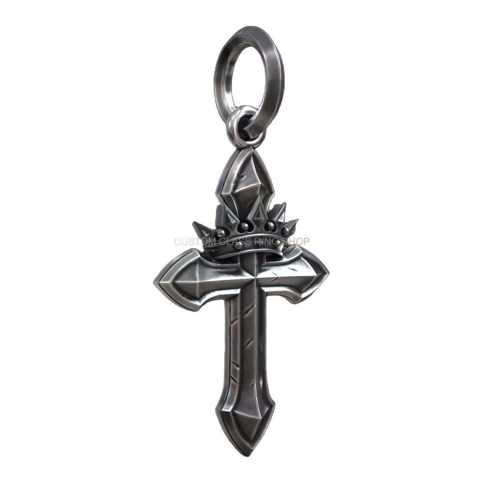 Sterling silver royal gothic crowned cross pendant, close-up detail of crown element