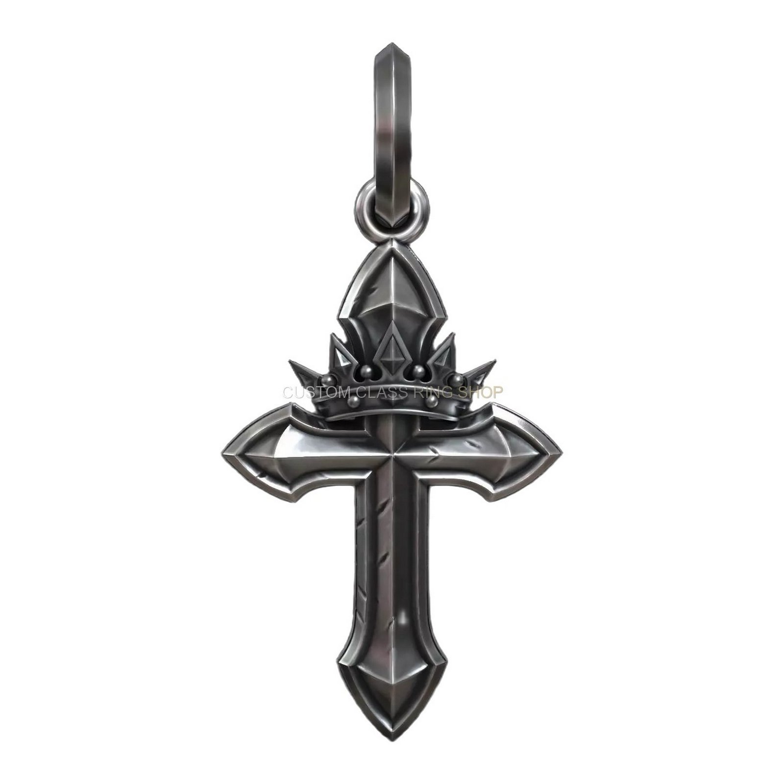 Sterling silver royal gothic crowned cross pendant, full pendant front-facing view with loop