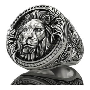 Mens oxidized sterling silver lion ring with beaded frame and baroque band