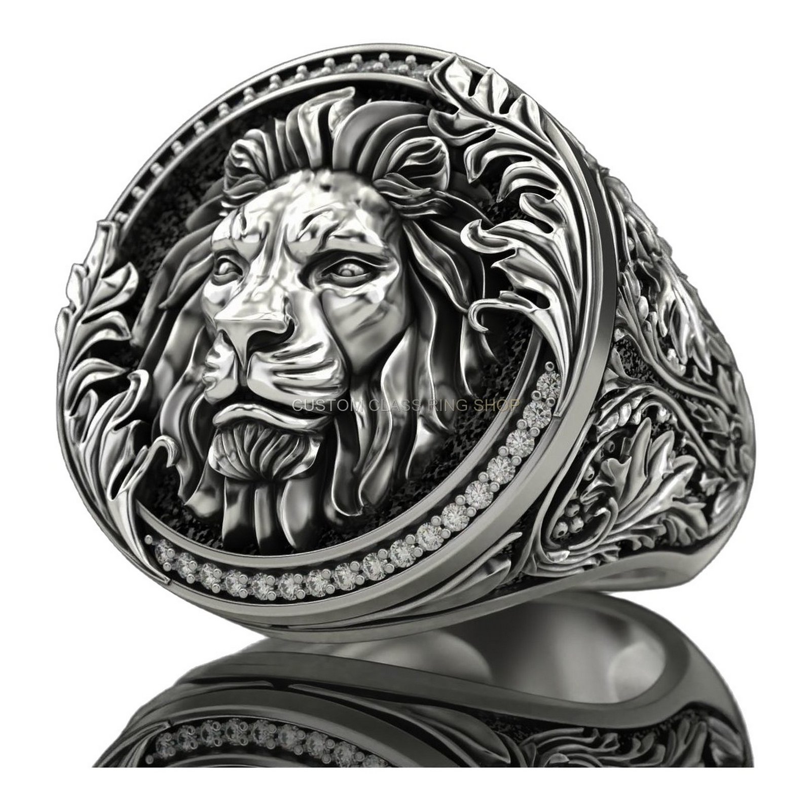 Mens oxidized sterling silver lion ring with beaded frame and baroque band