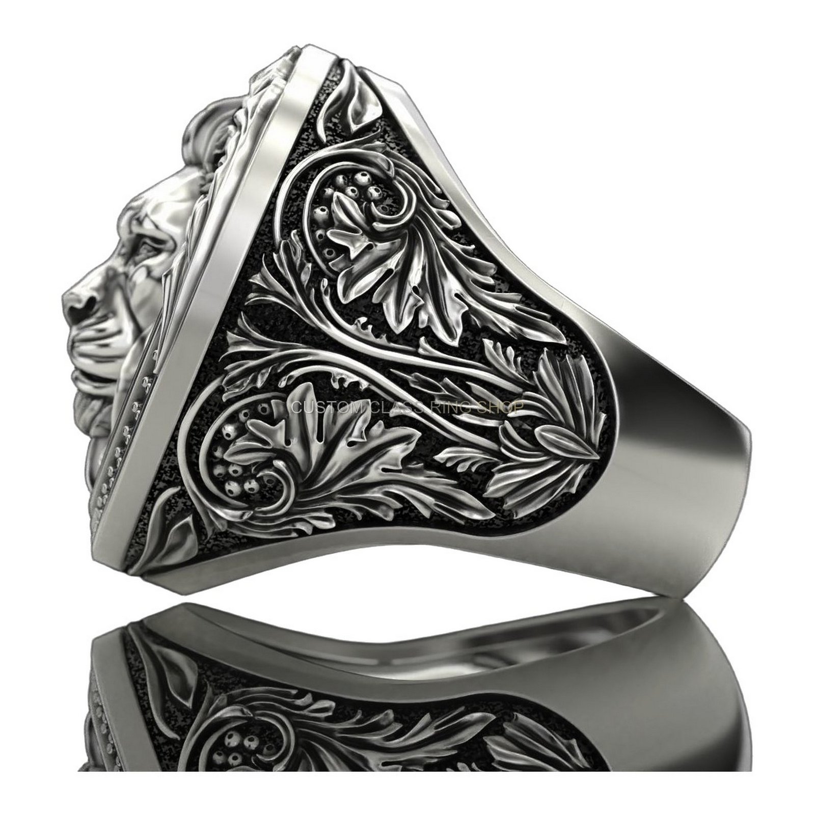 Mens oxidized sterling silver lion ring with beaded frame and baroque band