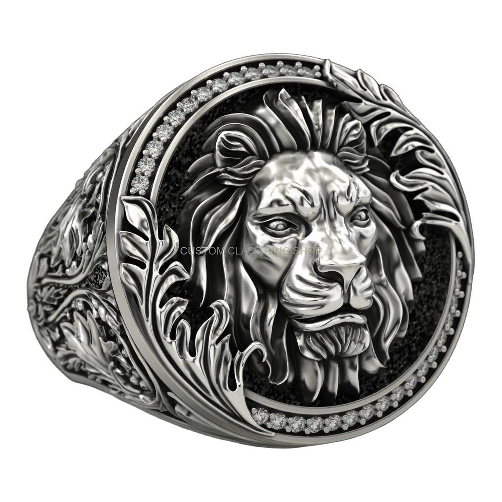 Mens oxidized sterling silver lion ring with beaded frame and baroque band