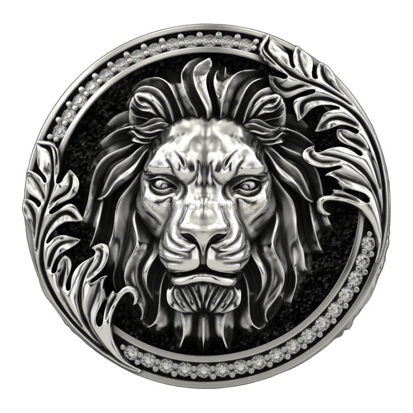 Mens oxidized sterling silver lion ring with beaded frame and baroque band
