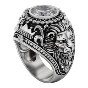 Mens oxidized sterling silver lion statement ring with diamond halo and ornate acanthus shoulders