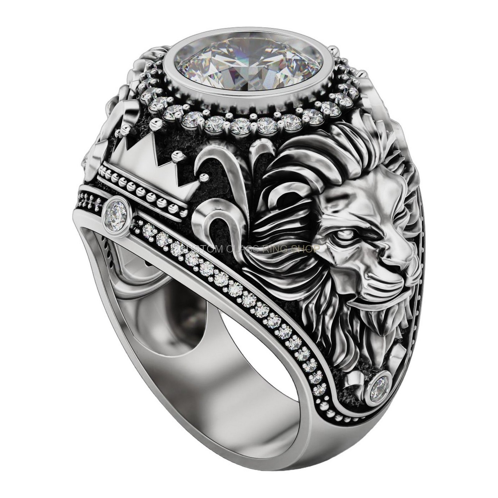 Mens oxidized sterling silver lion statement ring with diamond halo and ornate acanthus shoulders
