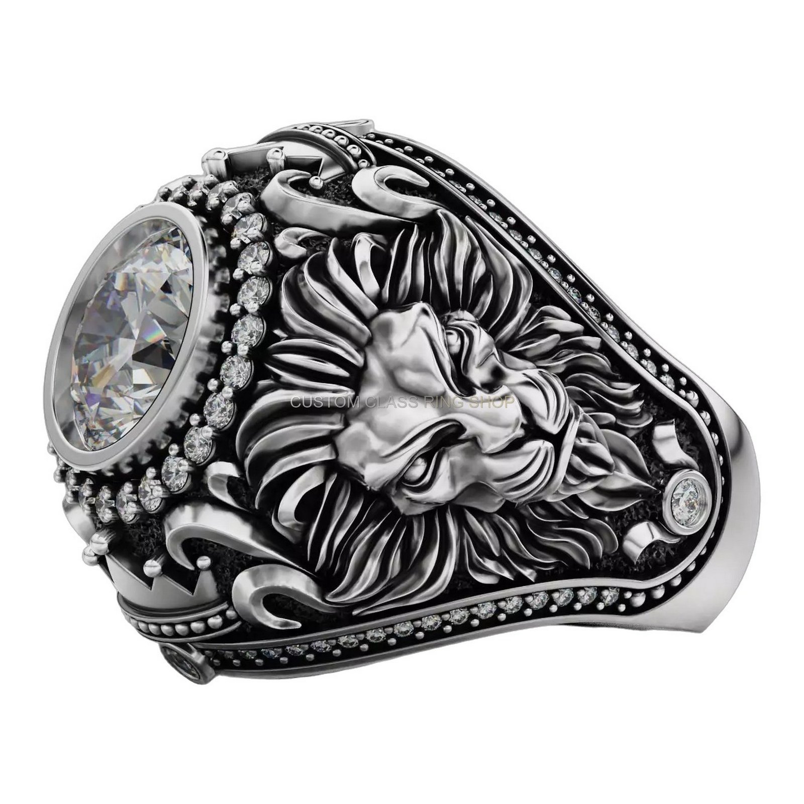 Mens oxidized sterling silver lion statement ring with diamond halo and ornate acanthus shoulders