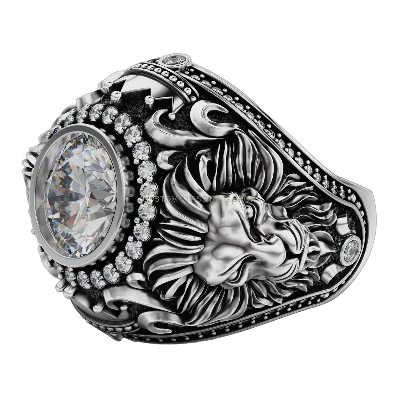 Mens oxidized sterling silver lion statement ring with diamond halo and ornate acanthus shoulders